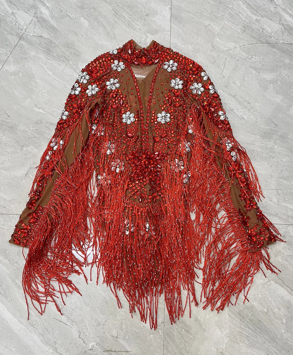 Sparkly Rhinestone Tassel High-Cut Stage Performance Bodysuit Dance Leotard