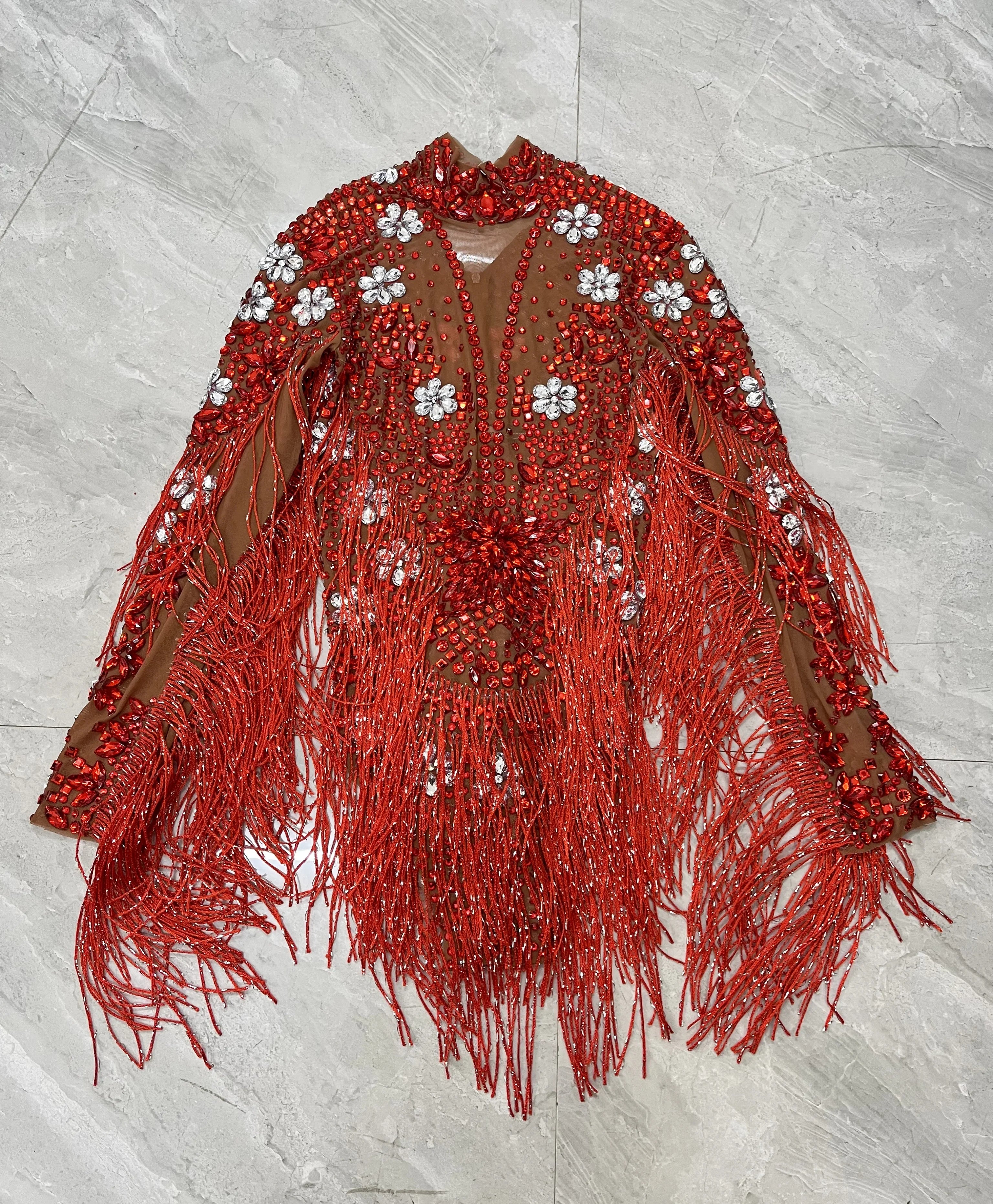 Sparkly Rhinestone Tassel High-Cut Stage Performance Bodysuit Dance Leotard
