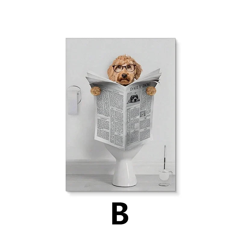 Modern Simple Animal Wall Art Dachshund Toilet Reading Newspaper Canvas Printed Poster Home Bathroom Bedroom Decoration | | Wiccan Center