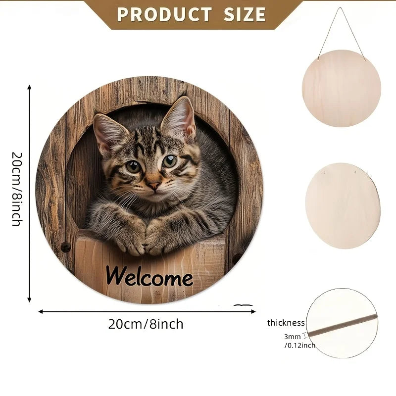2D Graphic 2D Printed Wall Art - Cat Welcome Signs for Street, Courtyard, Shopping Center, Garage, Cafe, Family, Bar, Club, Kitchen, Restaurant, Laundry Room, Men's Cave, Gym, Bedroom, Farm, Farmhouse, Handmade Round Wood Dec