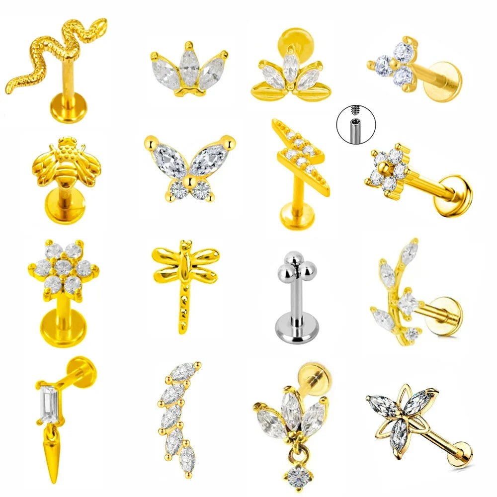 Lightning Internal Thread Labret Piercing Crown Bee Flowers Cartilage Earring Tragus Conch 316L Stainlesss Steel Body Jewelry | | Wiccan Center