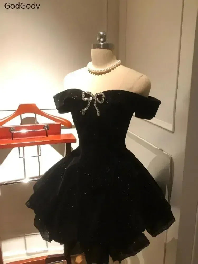Black French Vintage Elegant Design Woman Dress Gothic Off Shoulder Retro Mini Dress Female Fairy Birthday Party Chic Outfits | | Wiccan Center