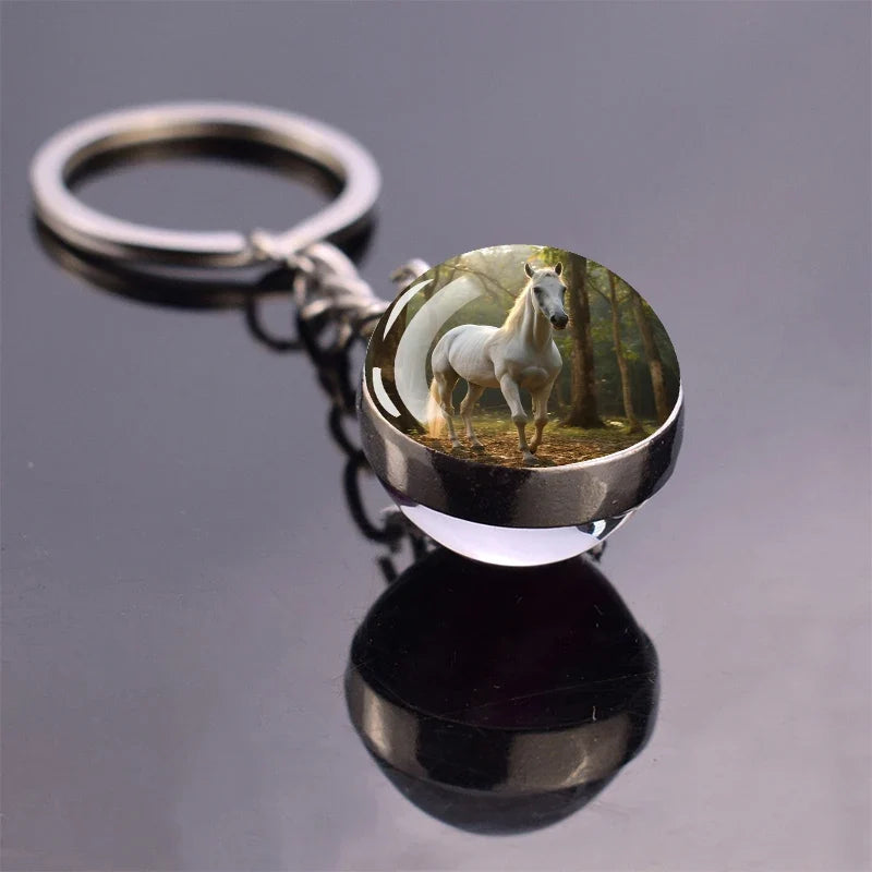 Horse Pattern Keychains White Brown Horse Racing Double Sided Glass Ball Pendant Key Chain Fashion Animal Jewelry Keyring Gift