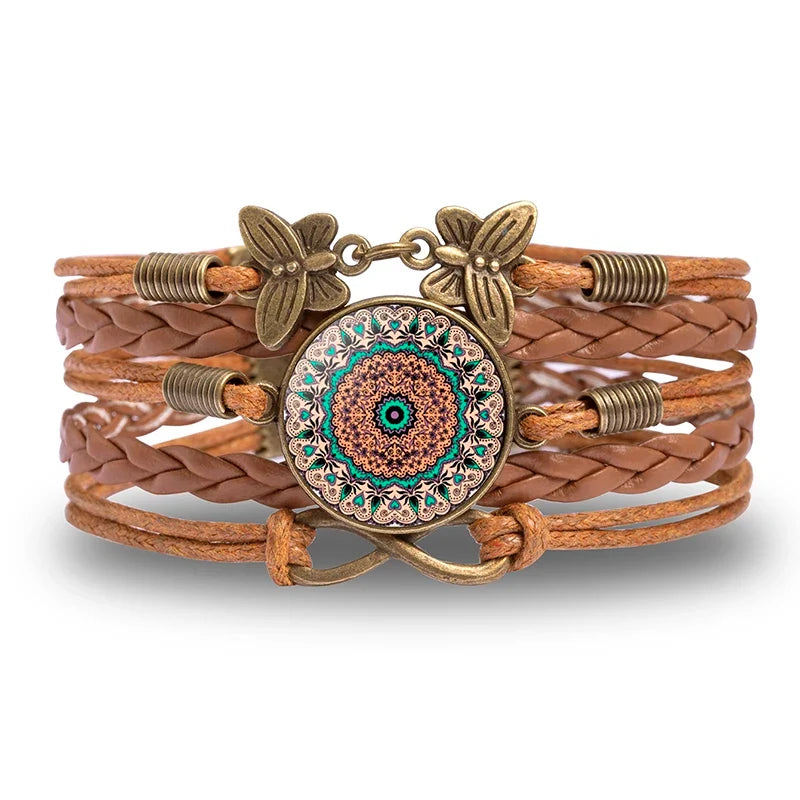 Vintage Mandala Flower Glass Dome Wrap Bracelet Brown Multilayer Woven Leather Bracelets For Women