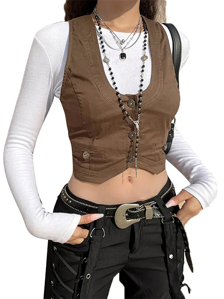 Women Vest Sleeveless V Neck Button Down Tank Tops Gilet with Pockets for Casual Street Gothic | | Wiccan Center