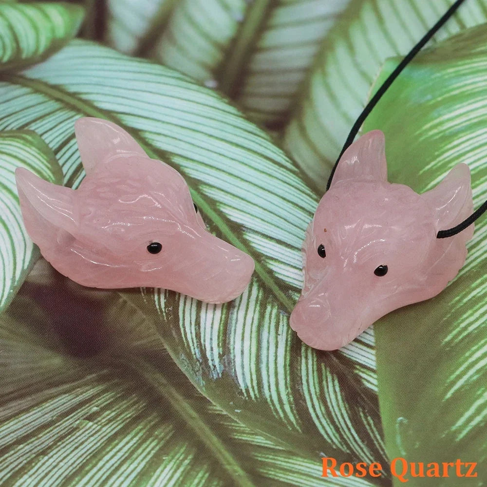 1.5" Wolf Head Stone Pendant Natural Healing Crystals Hand Carved Wolves Animal Statue Figurine Gems for Jewelry Making Necklace