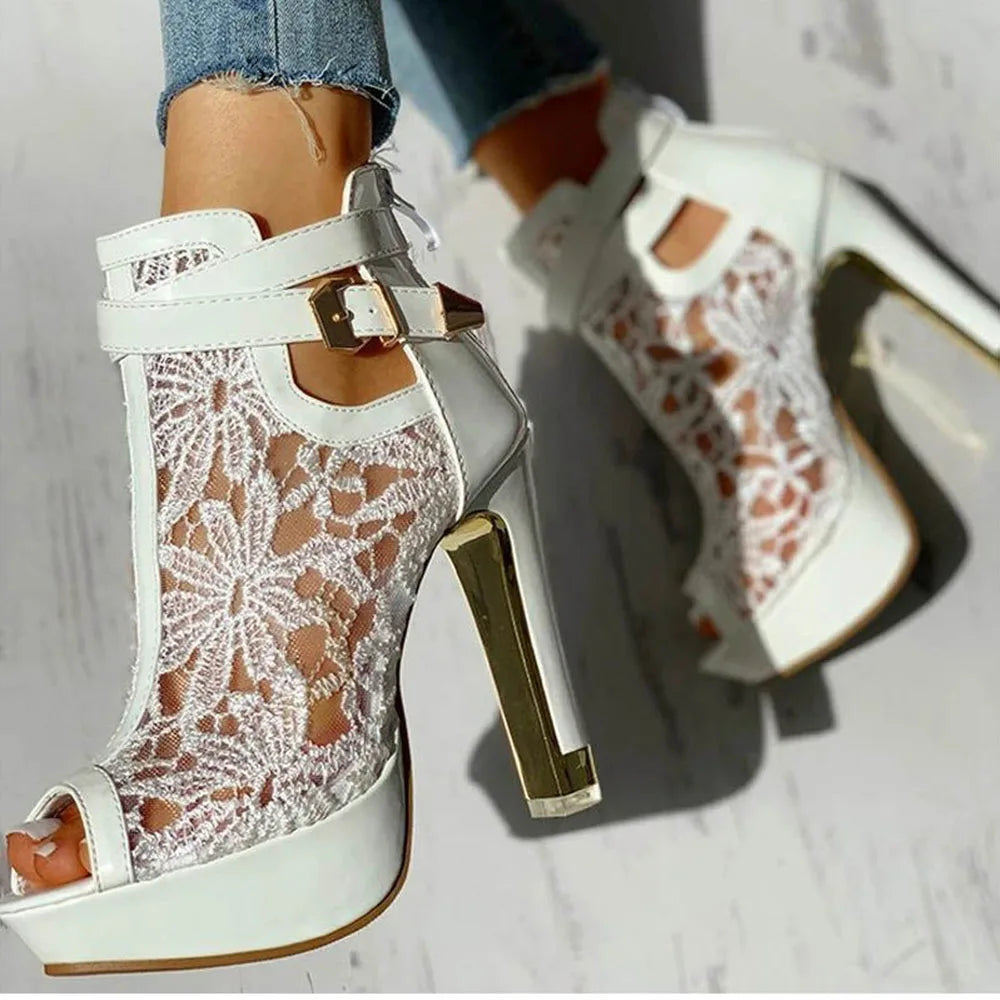 Summer Party Ankle Booties Black High Heels Platform Sandals Women Peep Toe Elegant Lace White Wedding Bridal Dress Shoes | | Wiccan Center