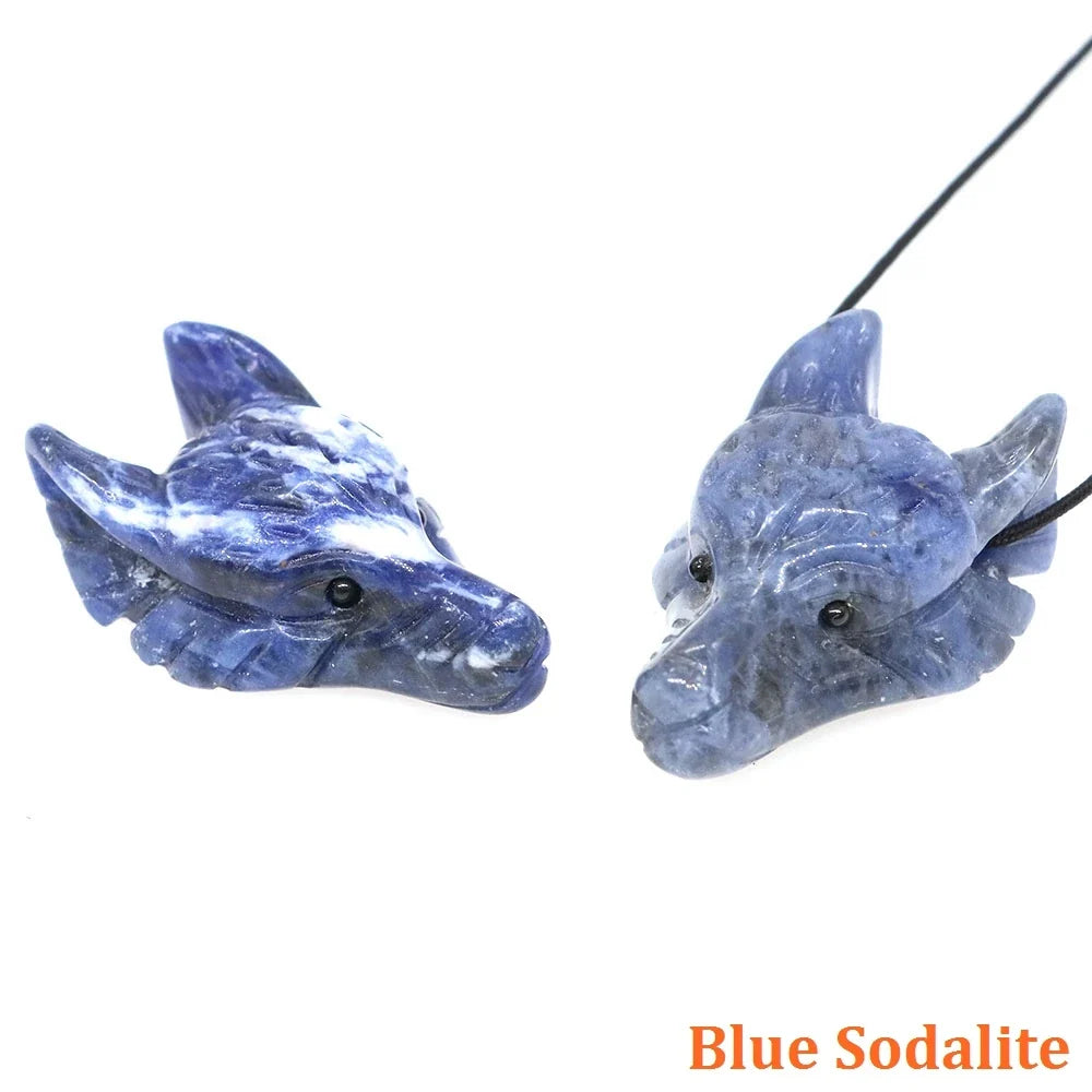1.5" Wolf Head Stone Pendant Natural Healing Crystals Hand Carved Wolves Animal Statue Figurine Gems for Jewelry Making Necklace