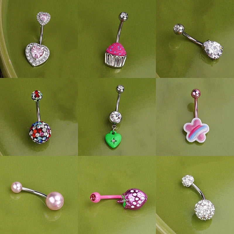 Sweet Dinosaur Navel Ring Zircon Heart Strawberry Belly Button Ring For Women Body Piercing Decor Vacation Leisure Beach Jewelry | | Wiccan Center