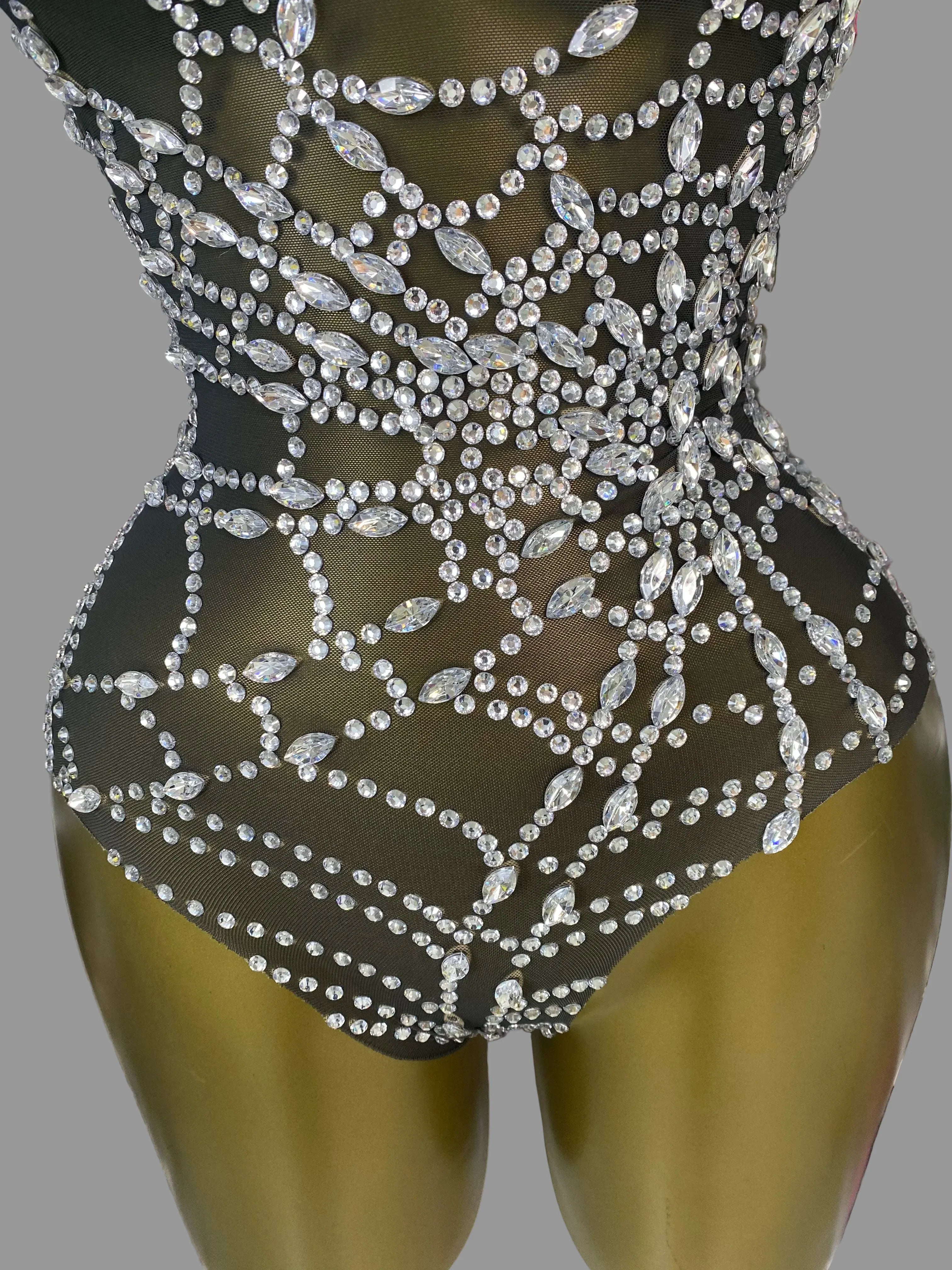 The Stardust Black Widow Bodysuit – Luxury Rhinestone Spiderweb Showgirl Costume