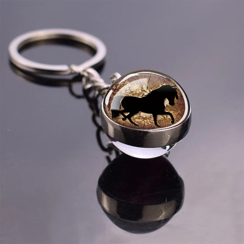 Horse Pattern Keychains White Brown Horse Racing Double Sided Glass Ball Pendant Key Chain Fashion Animal Jewelry Keyring Gift