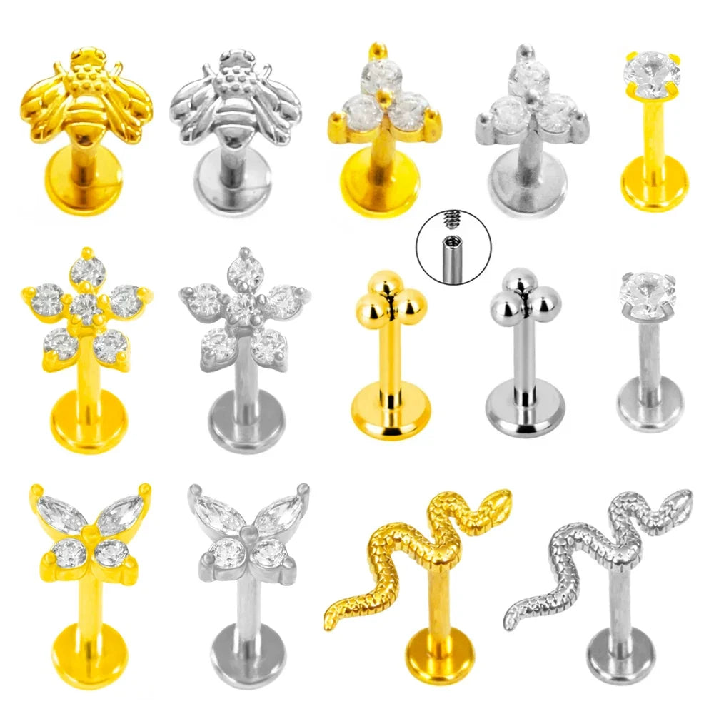 100% 316L Surgical Steel Flower Labret Piercing Butterfly Bee Tragus Snake Cartilage Helix Flat Back CZ Earrings Body Jewelry | | Wiccan Center