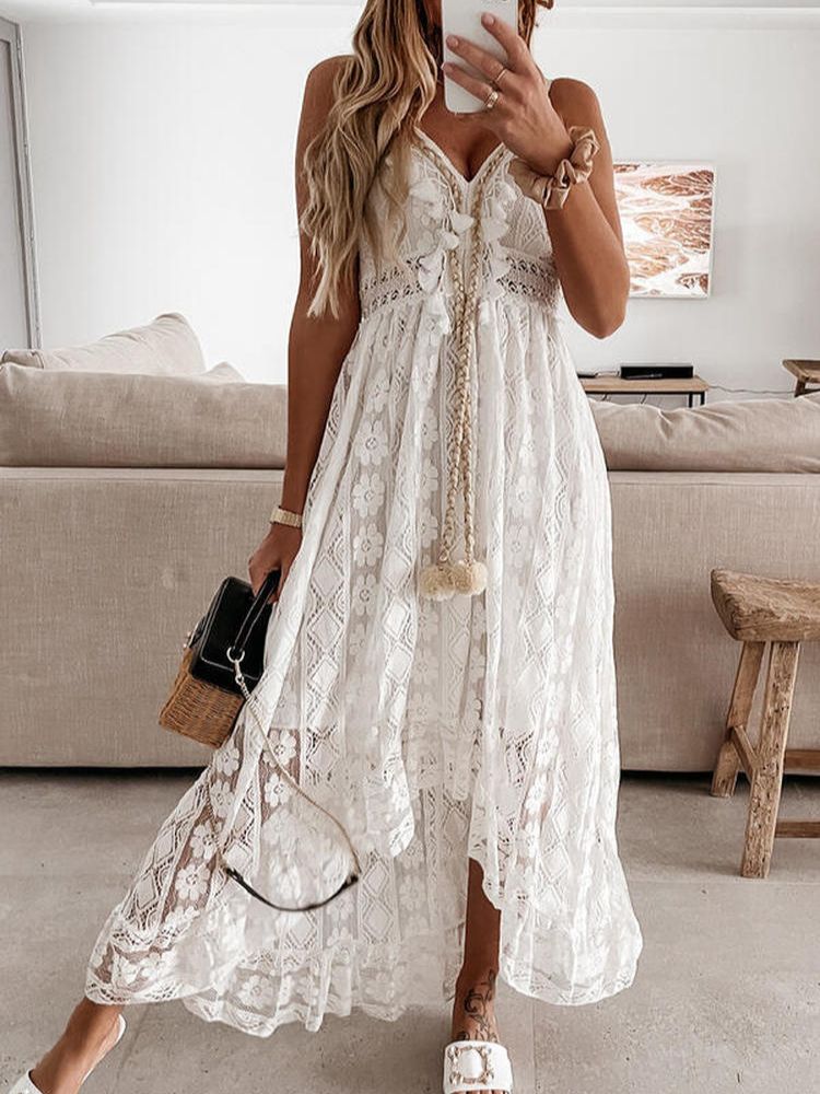 Women Dress Beach Style Elegant White Lace Spaghetti Srap Sundress Female Hollow Out Boho | Dresses | Wiccan Center