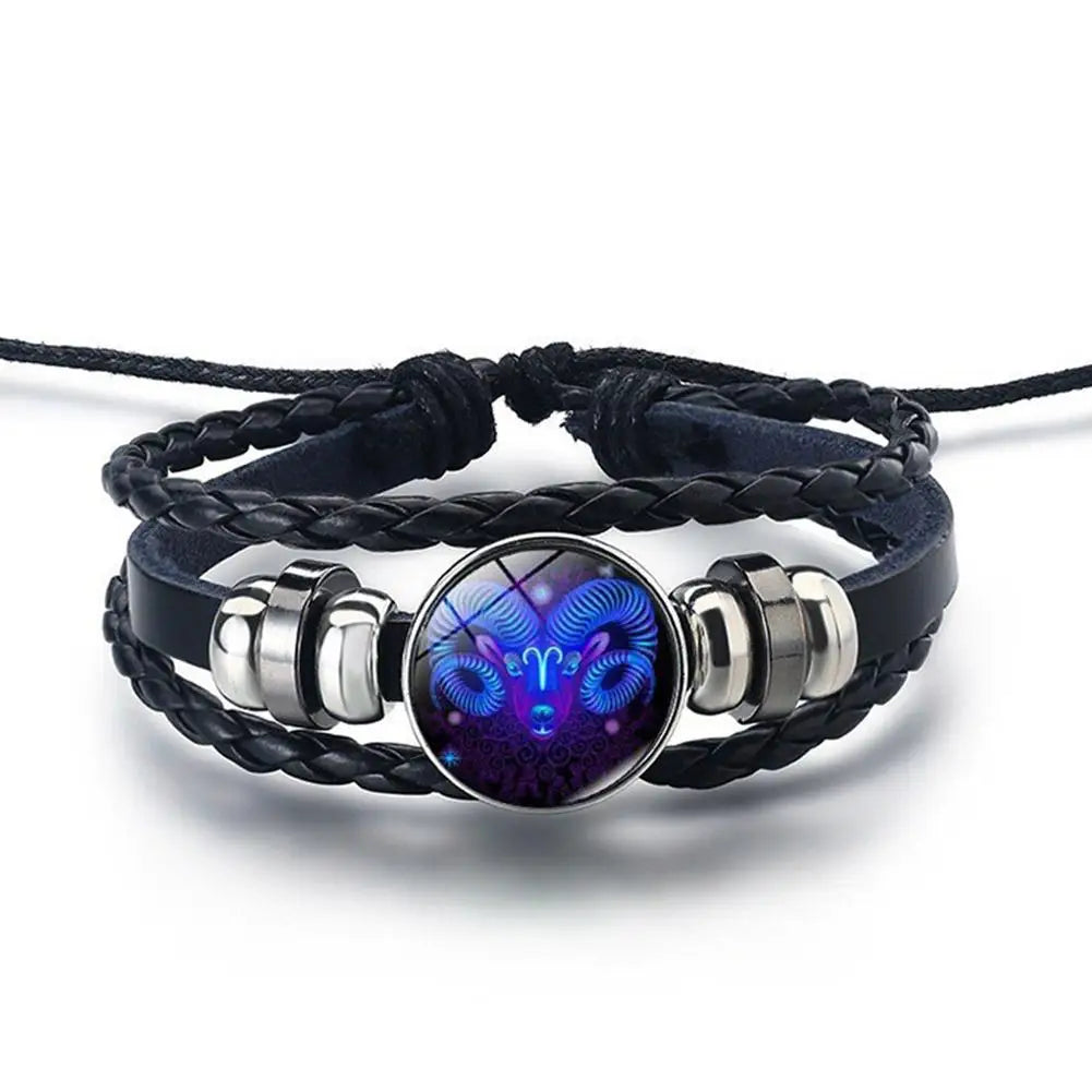 12 Constellation Gem Leather Bracelet Men Women Glass Bracelet | | Wiccan Center