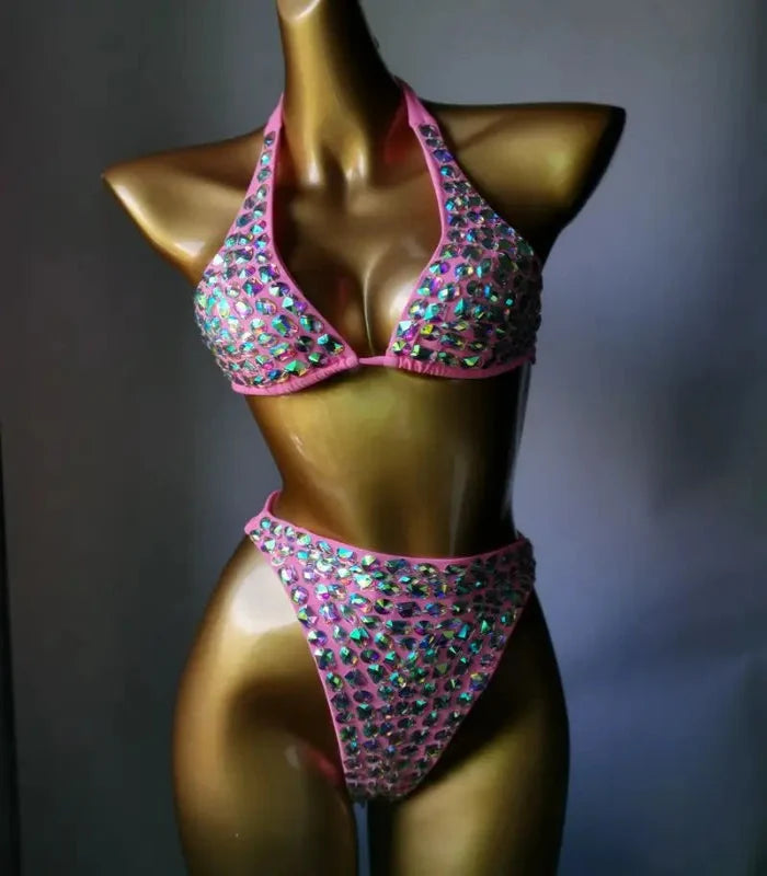 Nightclub Bar Sexy Disco Pole Dance Crystal Bikini Costume DJ Dancer Club Party Rave Outfit Pink Rhinestones Bra Set Stage Wear | Costume Sets | Wiccan Center