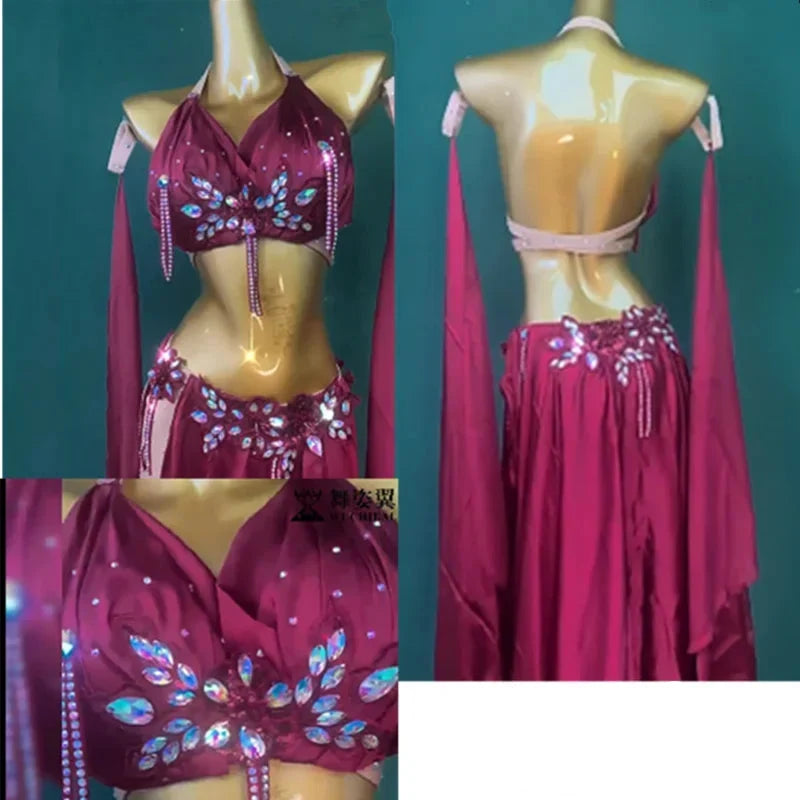 Rhinestone Studded Top & High-Slit Long Skirt Belly Dance Performance Set | Costume Sets | Wiccan Center