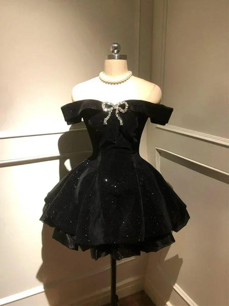 Black French Vintage Elegant Design Woman Dress Gothic Off Shoulder Retro Mini Dress Female Fairy Birthday Party Chic Outfits | | Wiccan Center