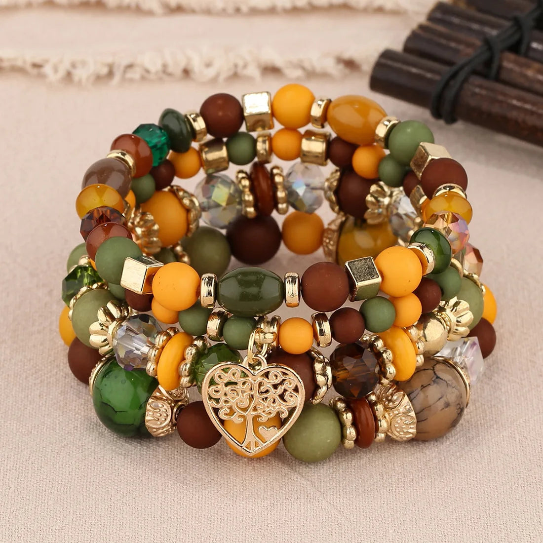 DIEZI Ethnic Bohemian Multicolor Crystal Beads Strand Bracelets Women Men Heart Tree Of Life Charm Bracelet Pulseira Feminina