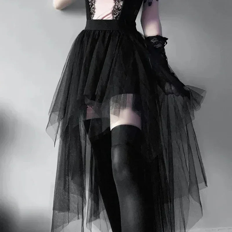 Casual Skirts Punk Sexy Net Yarn High-Waisted Irregular Skirt for Women Summer New European and American Gothic Style Versatile | | Wiccan Center