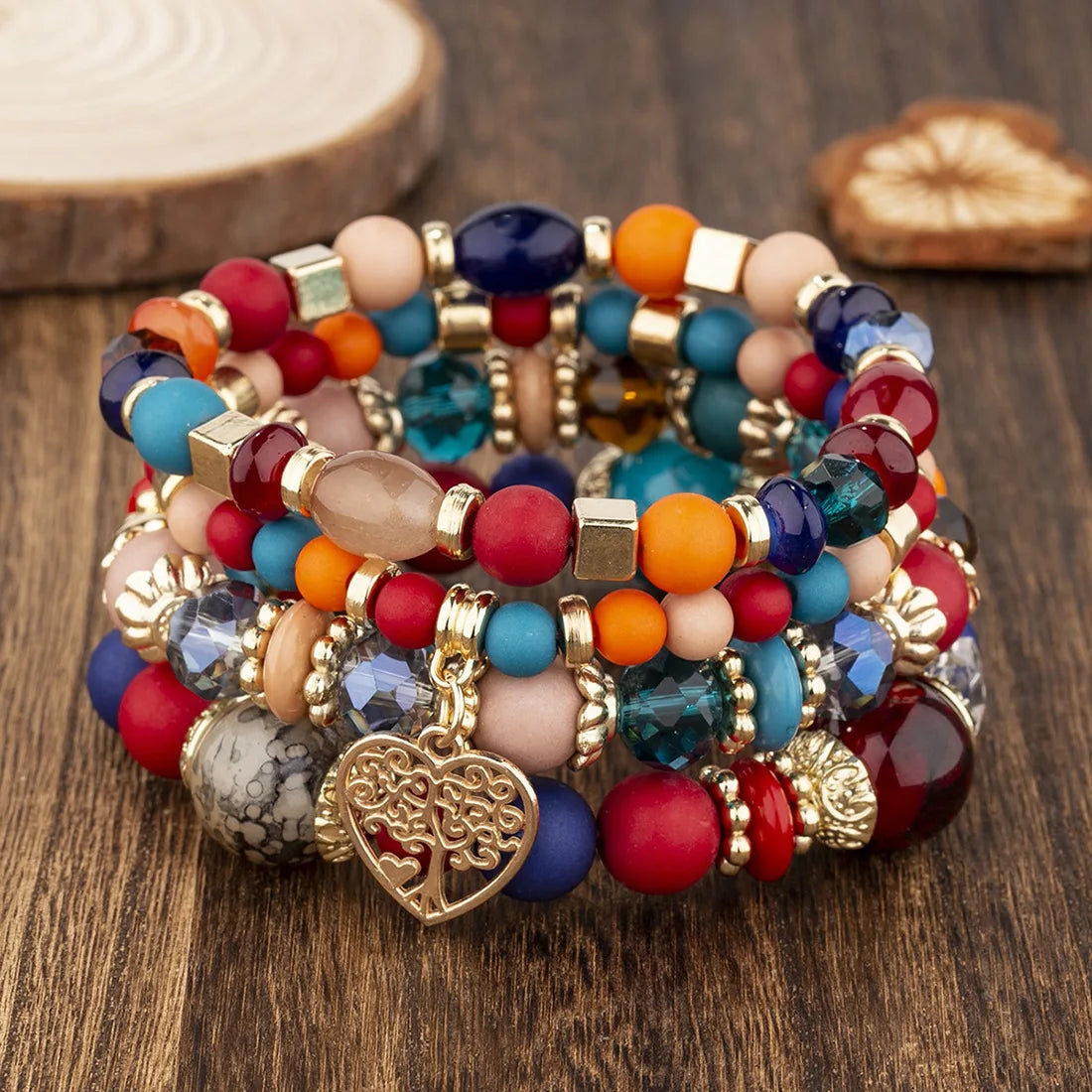 DIEZI Ethnic Bohemian Multicolor Crystal Beads Strand Bracelets Women Men Heart Tree Of Life Charm Bracelet Pulseira Feminina