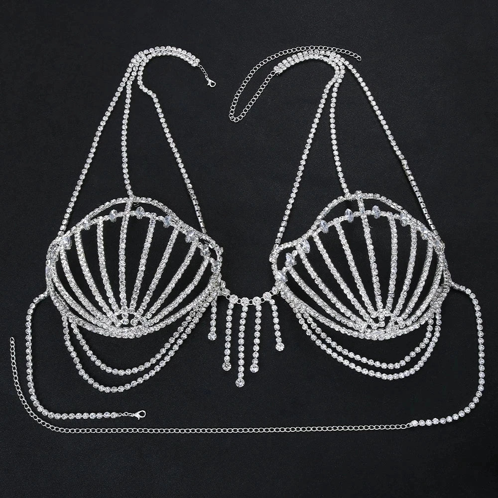Luxury Crystal Swirl Micro Bikini Body Chain – Shimmering Rhinestone Tassel Bra & Exotic Chest Harness for Festivals, Raves & Clubwear | Body Chains | Wiccan Center