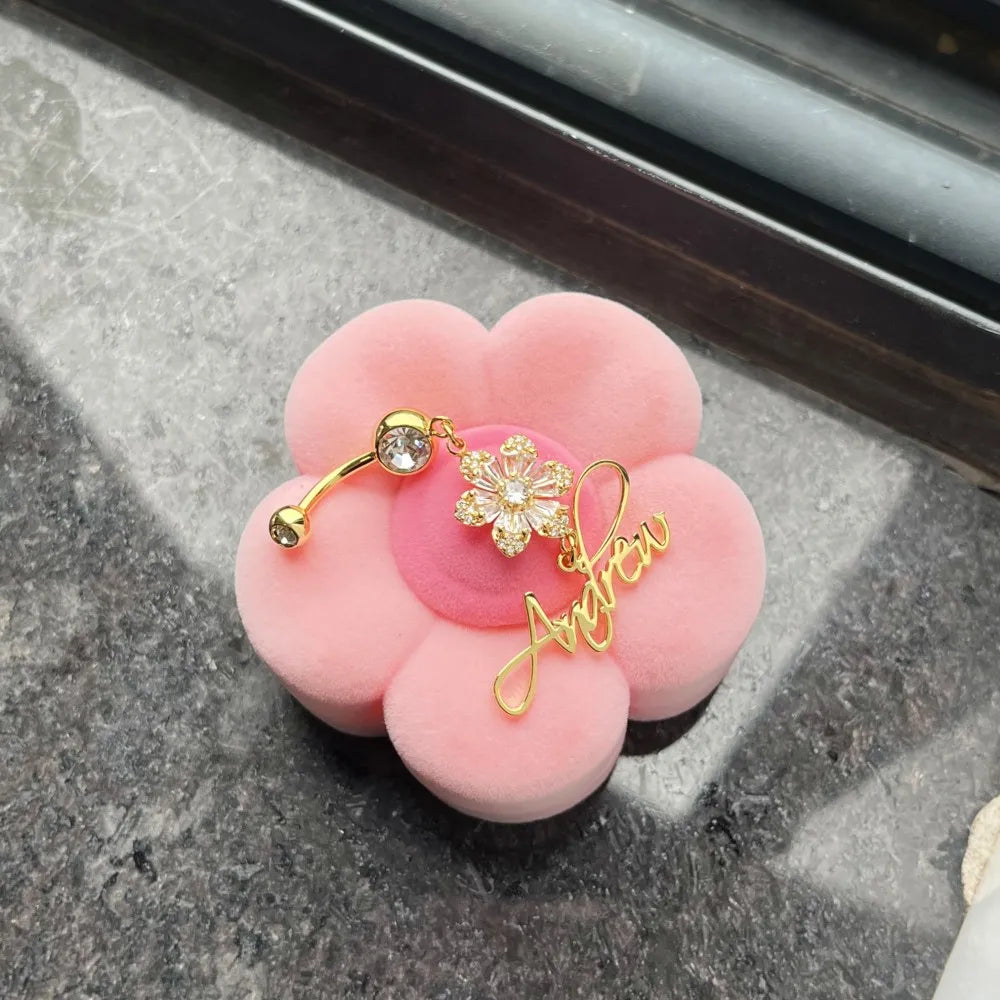DUOYING Custom Name Belly Ring Charms Personalized Flower Button Ring Blue Eyes Crystal Sexy Body Piercing Jewelry For Women