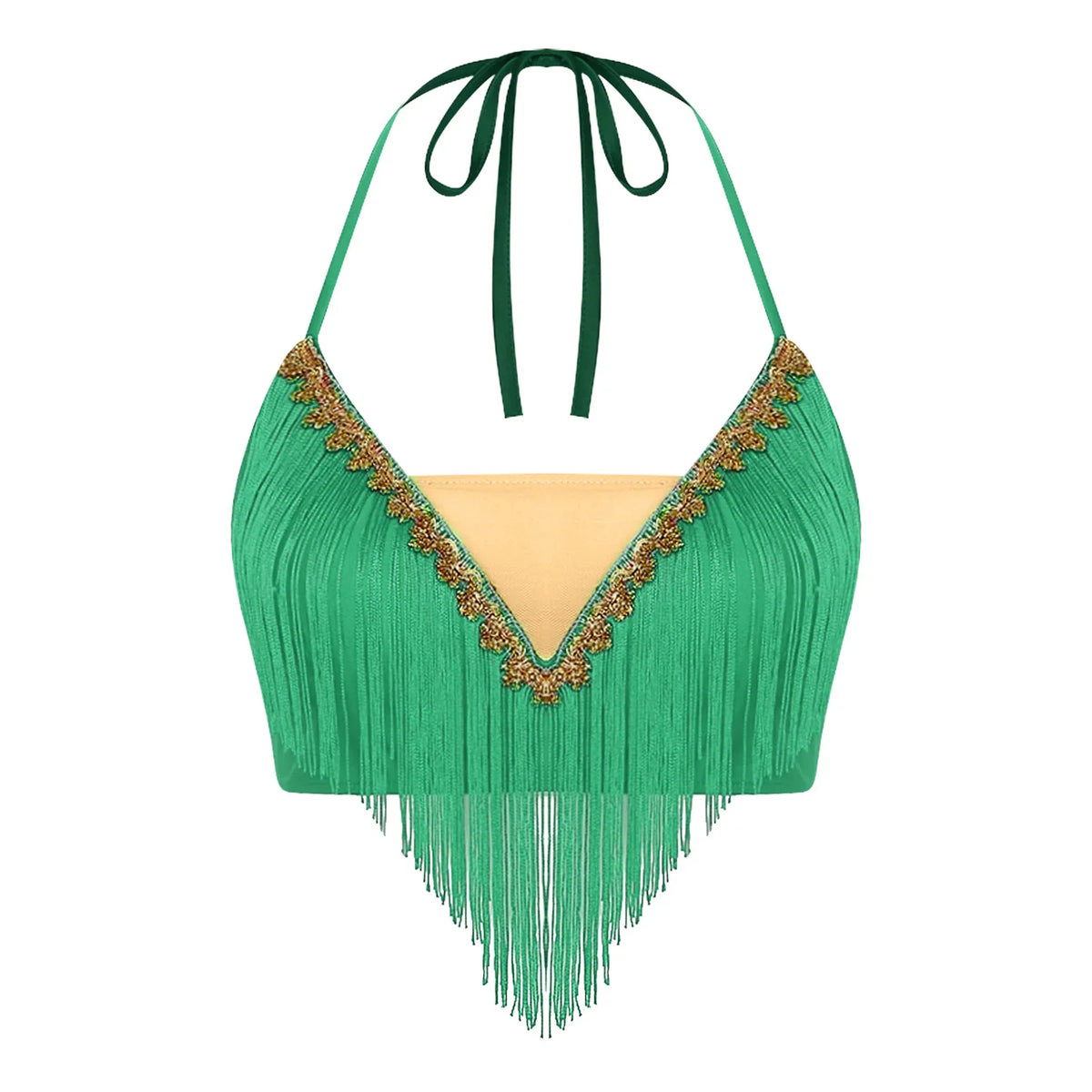 Gold Trim Halter Lace-Up Crop Top & Tiered Tassel Skirt Belly Dance Outfit | Costume Sets | Wiccan Center