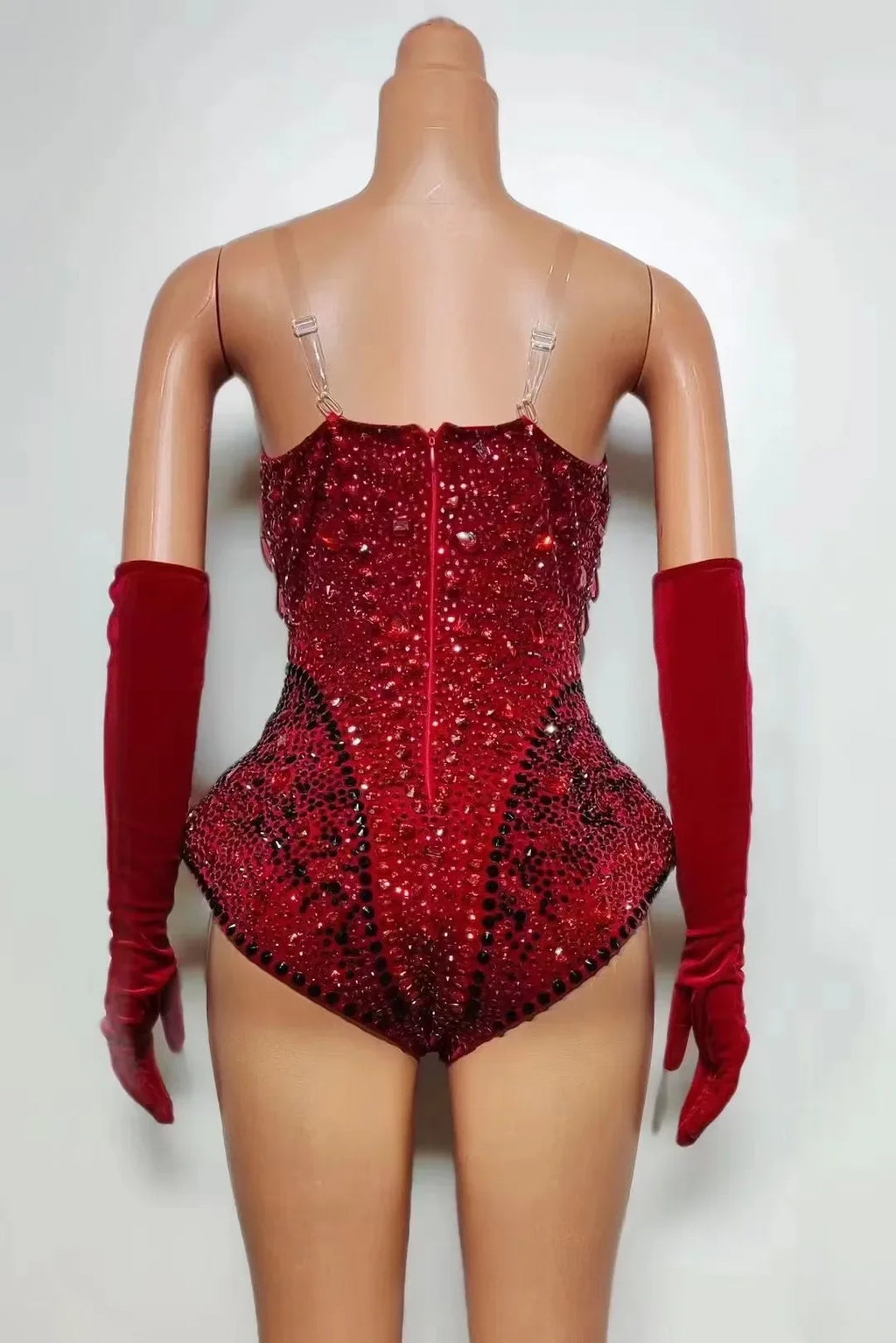 The Stardust Scarlet Siren – Sparkling Rhinestone Deep V Bodysuit, Gloves & Hat Set