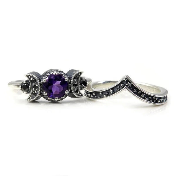 Black Zirconia Stone Triple Moon Ring Set | Ring | Wiccan Center