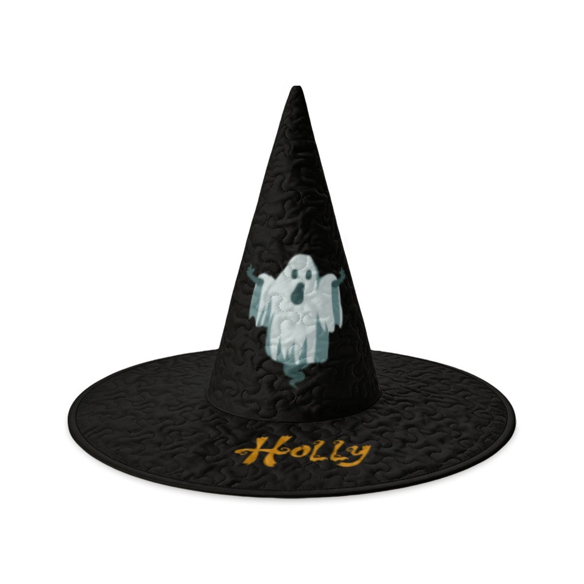 Personalized Ghost Halloween Witch Hat with Custom Name - Illustrated Ghost Character on All-Black Quilted Costume Hat for Adults and Teens | Hats | Wiccan Center