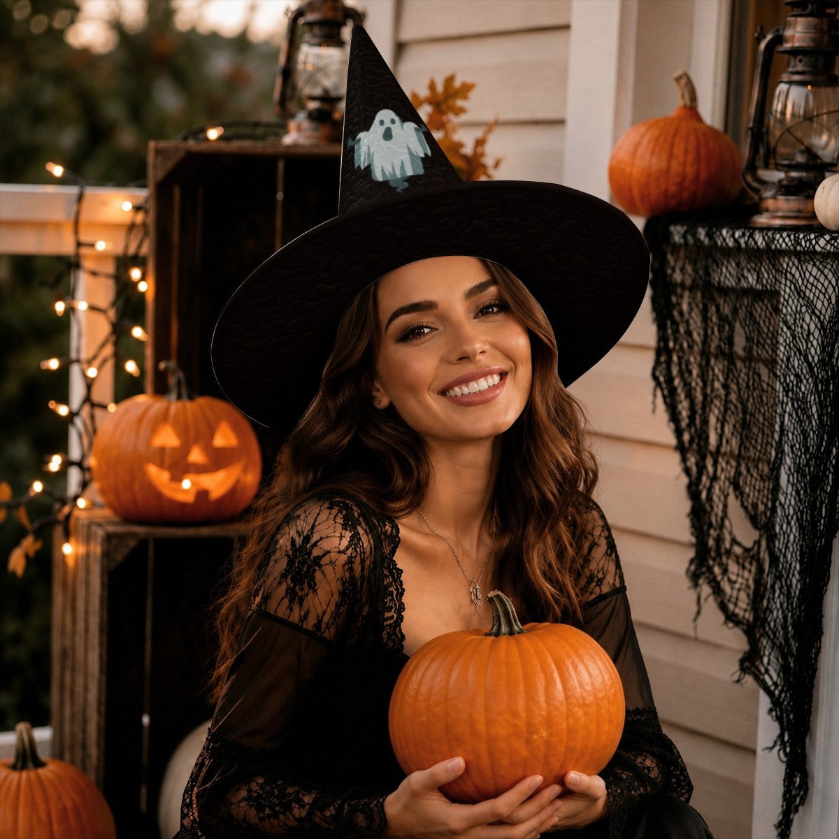 Personalized Ghost Halloween Witch Hat with Custom Name - Illustrated Ghost Character on All-Black Quilted Costume Hat for Adults and Teens | Hats | Wiccan Center
