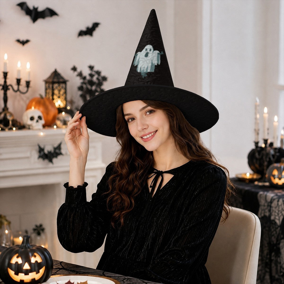 Personalized Ghost Halloween Witch Hat with Custom Name - Illustrated Ghost Character on All-Black Quilted Costume Hat for Adults and Teens | Hats | Wiccan Center