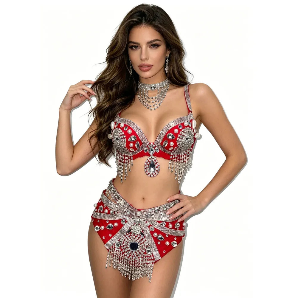 Sparkly Rhinestone Beading Tassel Bikini Sexy Nightclub Stage Wear Fringe Bra High Waist Short DJ Rave Outfit Nightclub Costume | Costume Sets | Wiccan Center