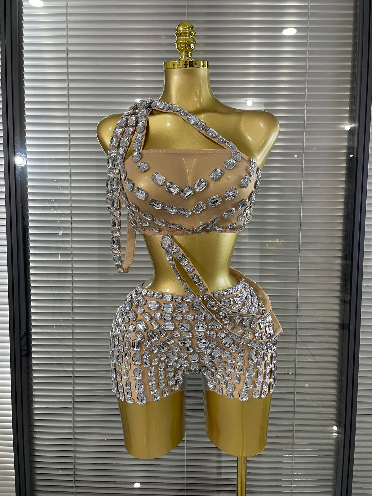 Silver Crystal Perspective Two Pieces Costume Set Performance Dancer Singer Nightclub Women's Outfit | Costume Sets | Wiccan Center