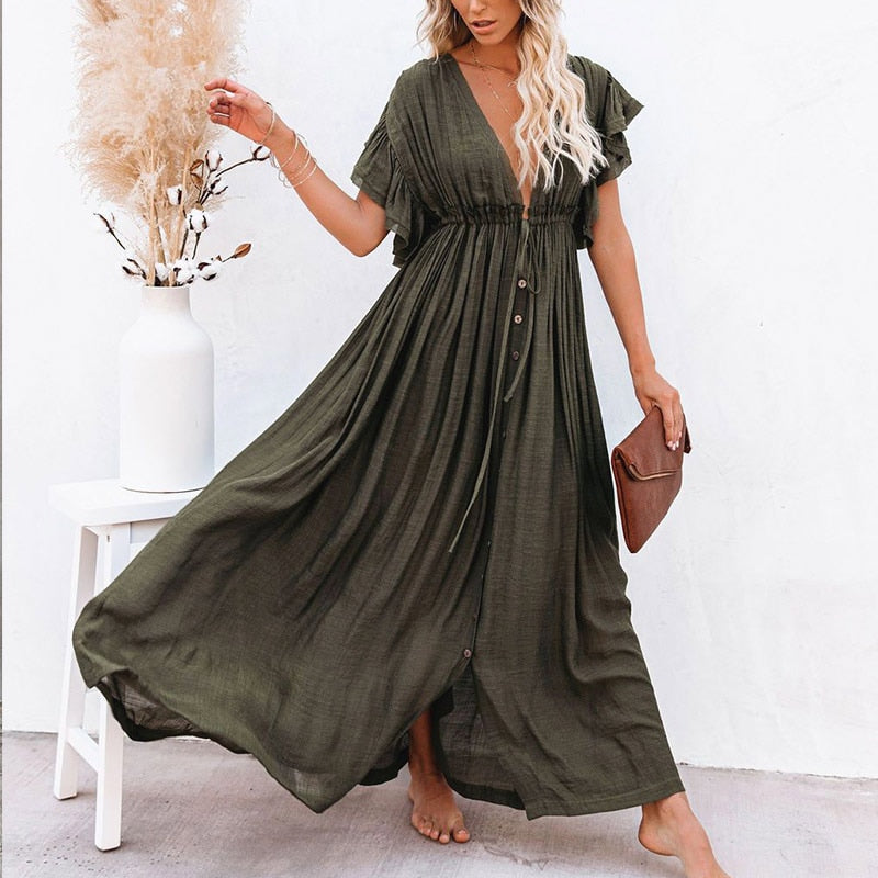 Summer Beach Maxi Dress Women Boho Long Bikini Cover Up High Waist Casual V-Neck Dresses | Dresses | Wiccan Center