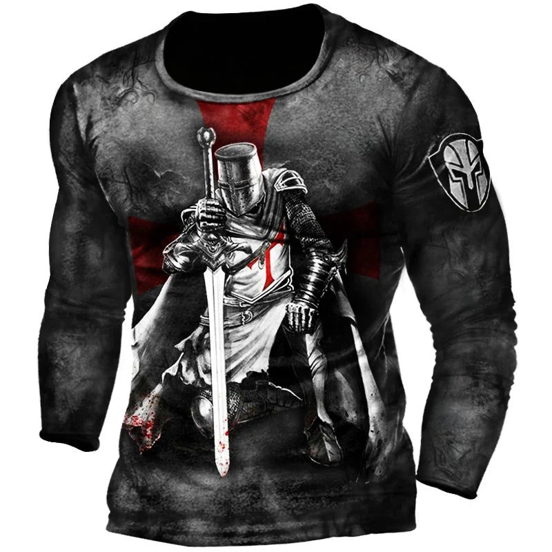 Templar Knight  Print Retro Fashion Casual Men's Round Neck Long Sleeve Street Hip Hop Extra Large Speed Drying Wearing T-shirt