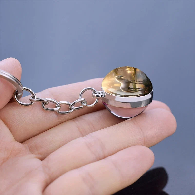 Horse Pattern Keychains White Brown Horse Racing Double Sided Glass Ball Pendant Key Chain Fashion Animal Jewelry Keyring Gift