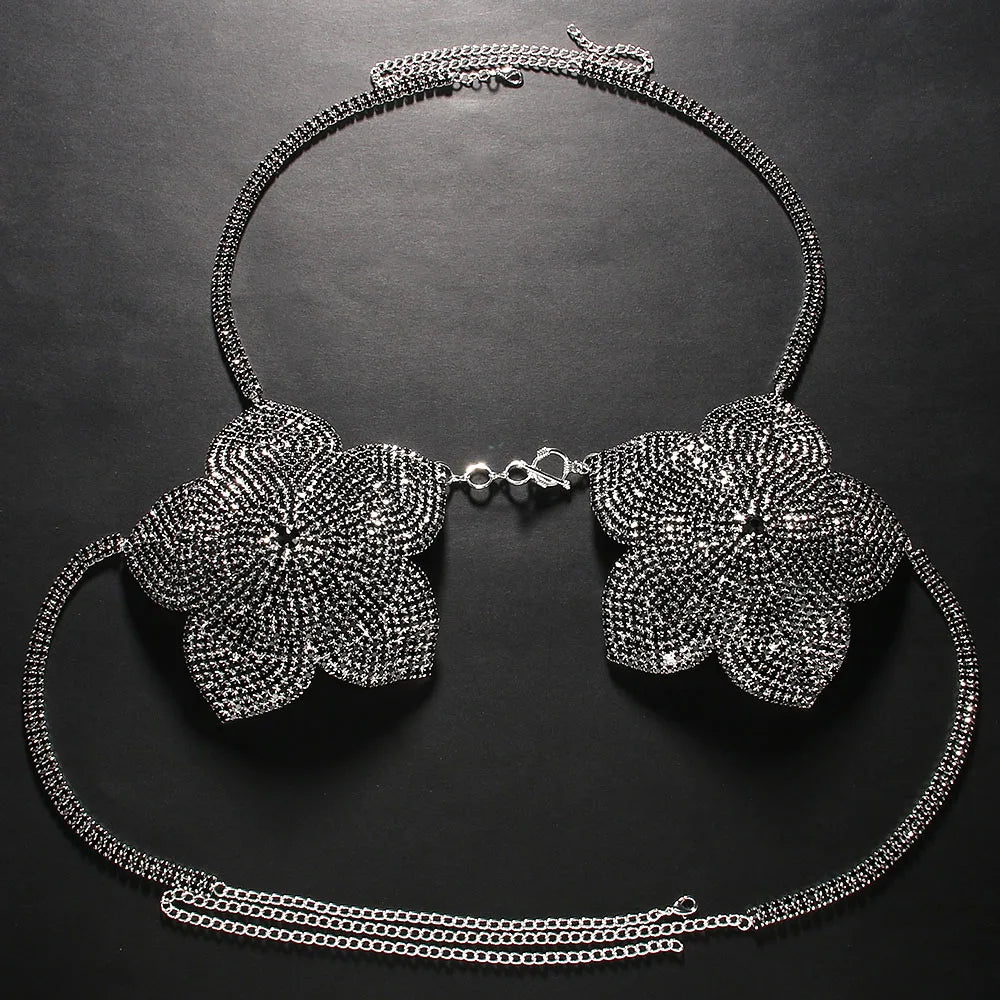 Crystal Flower Bust Chain Bra – Luxury Rhinestone Harness Top & Statement Lingerie for Raves, Festivals & Nightclub Events | Body Chains | Wiccan Center