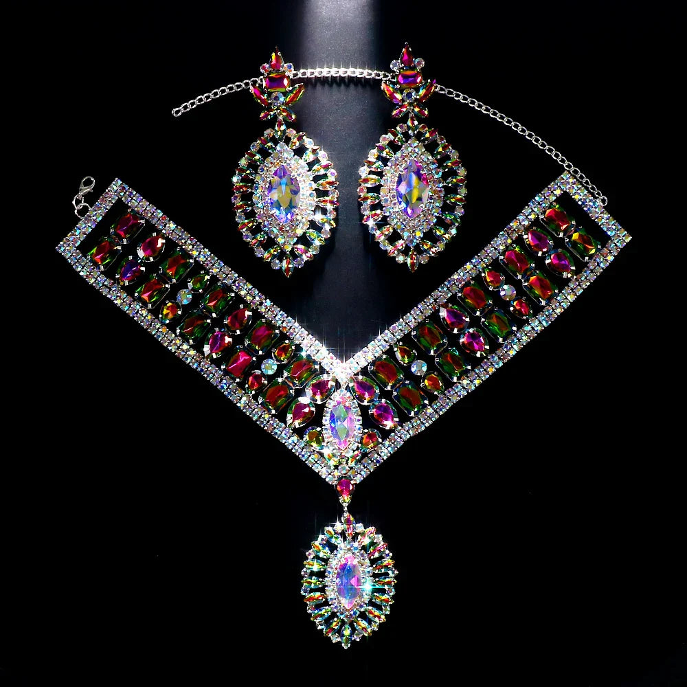 Exaggerated Rhinestone Statement Necklace Earrings Set