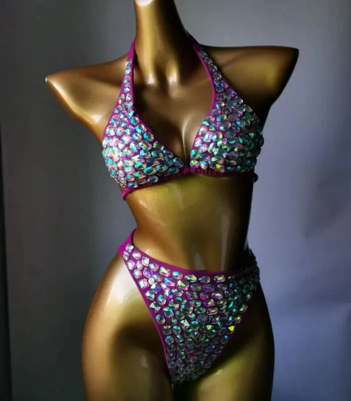 Nightclub Bar Sexy Disco Pole Dance Crystal Bikini Costume DJ Dancer Club Party Rave Outfit Pink Rhinestones Bra Set Stage Wear | Costume Sets | Wiccan Center