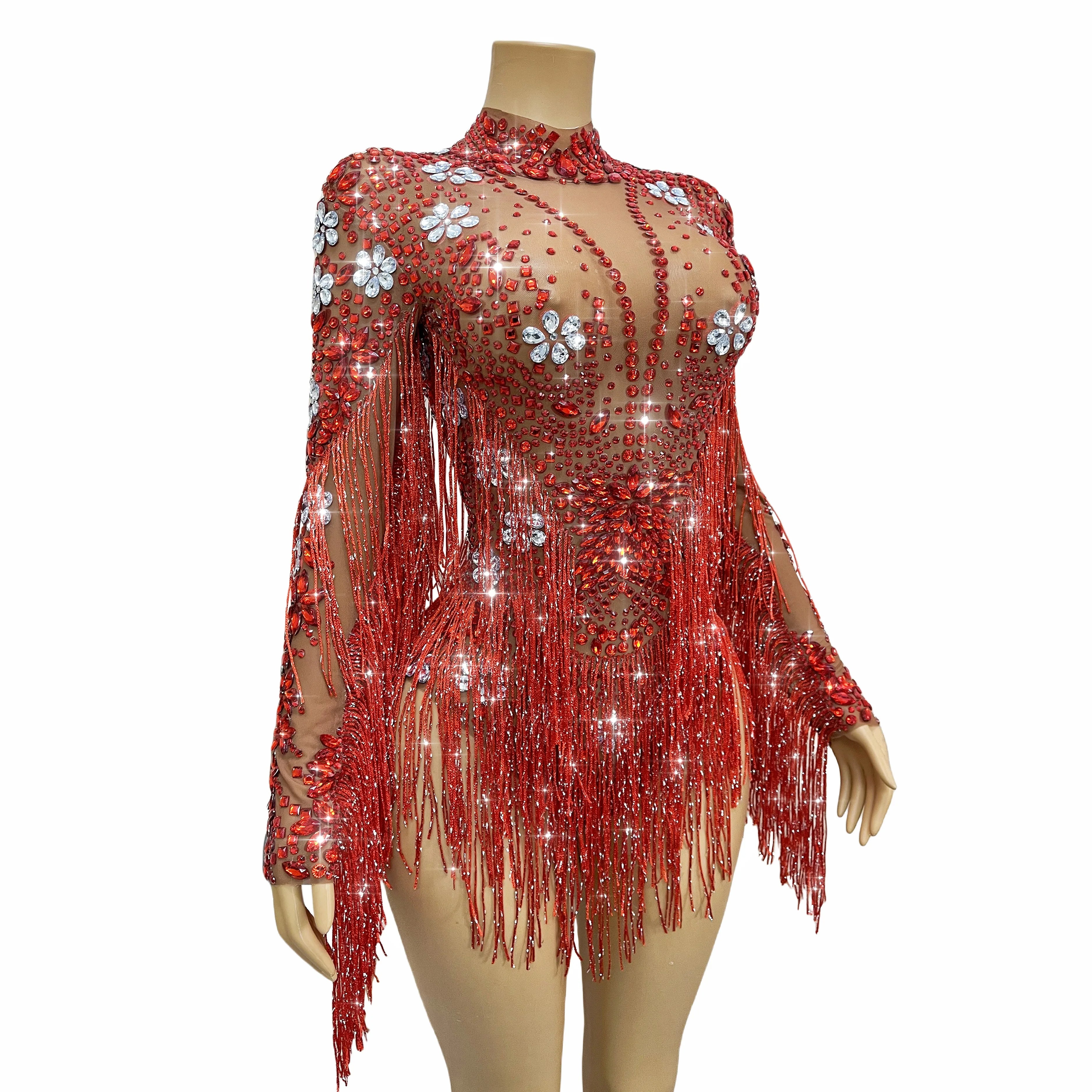 Sparkly Rhinestone Tassel High-Cut Stage Performance Bodysuit Dance Leotard