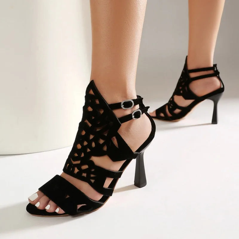 2026 Summer New Women's Black High Heels Made of Suede Leather with Exposed Toes and Thin Heels Suitable for Date Wearing | | Wiccan Center