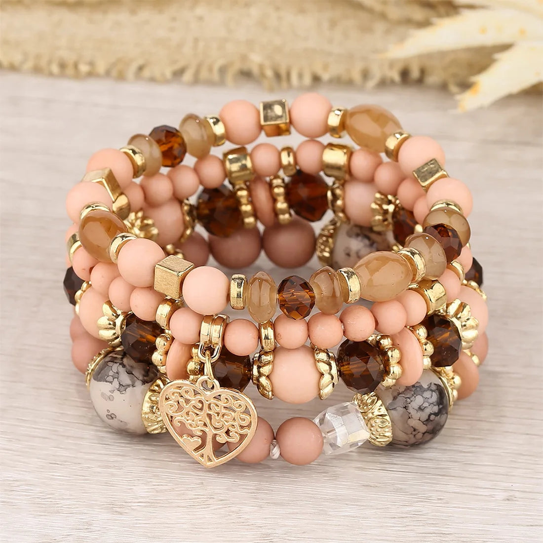 DIEZI Ethnic Bohemian Multicolor Crystal Beads Strand Bracelets Women Men Heart Tree Of Life Charm Bracelet Pulseira Feminina