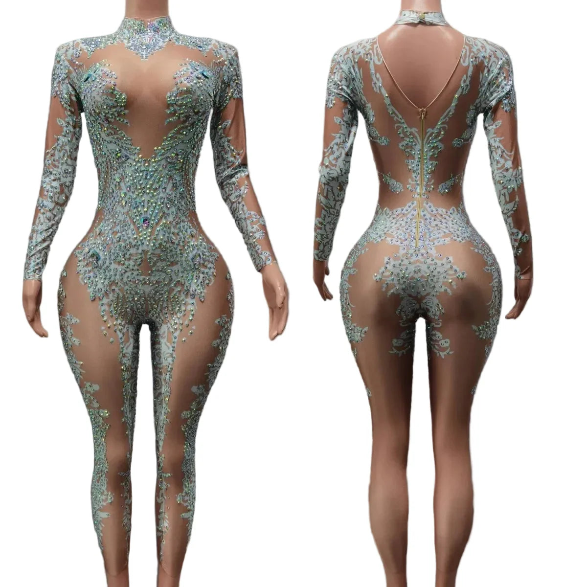 High Neck Crystal Appliqué Illusion Bodysuit | Bodysuit | Wiccan Center