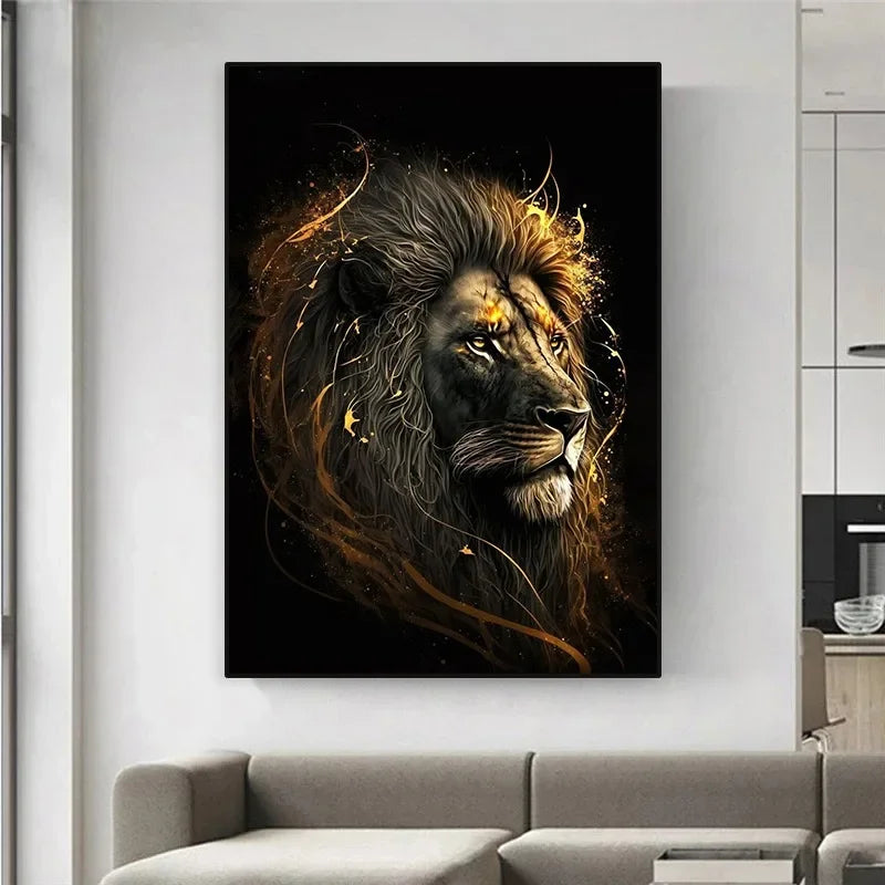 Classic Vintage Animal Wall Art Black Gold Light Coloured Lion HD Canvas Printed Poster Home Living Room Bedroom Decoration