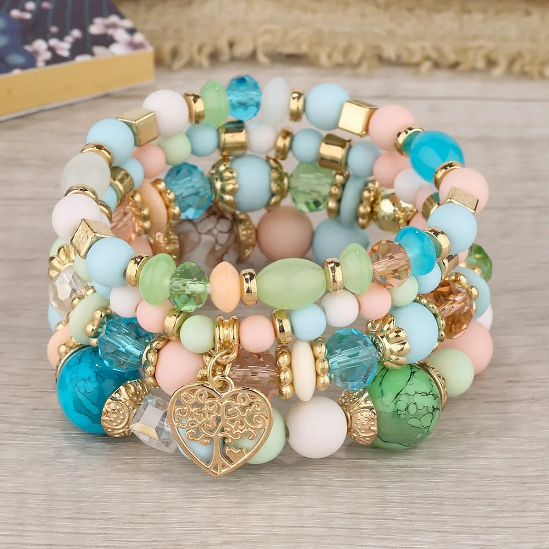 DIEZI Ethnic Bohemian Multicolor Crystal Beads Strand Bracelets Women Men Heart Tree Of Life Charm Bracelet Pulseira Feminina