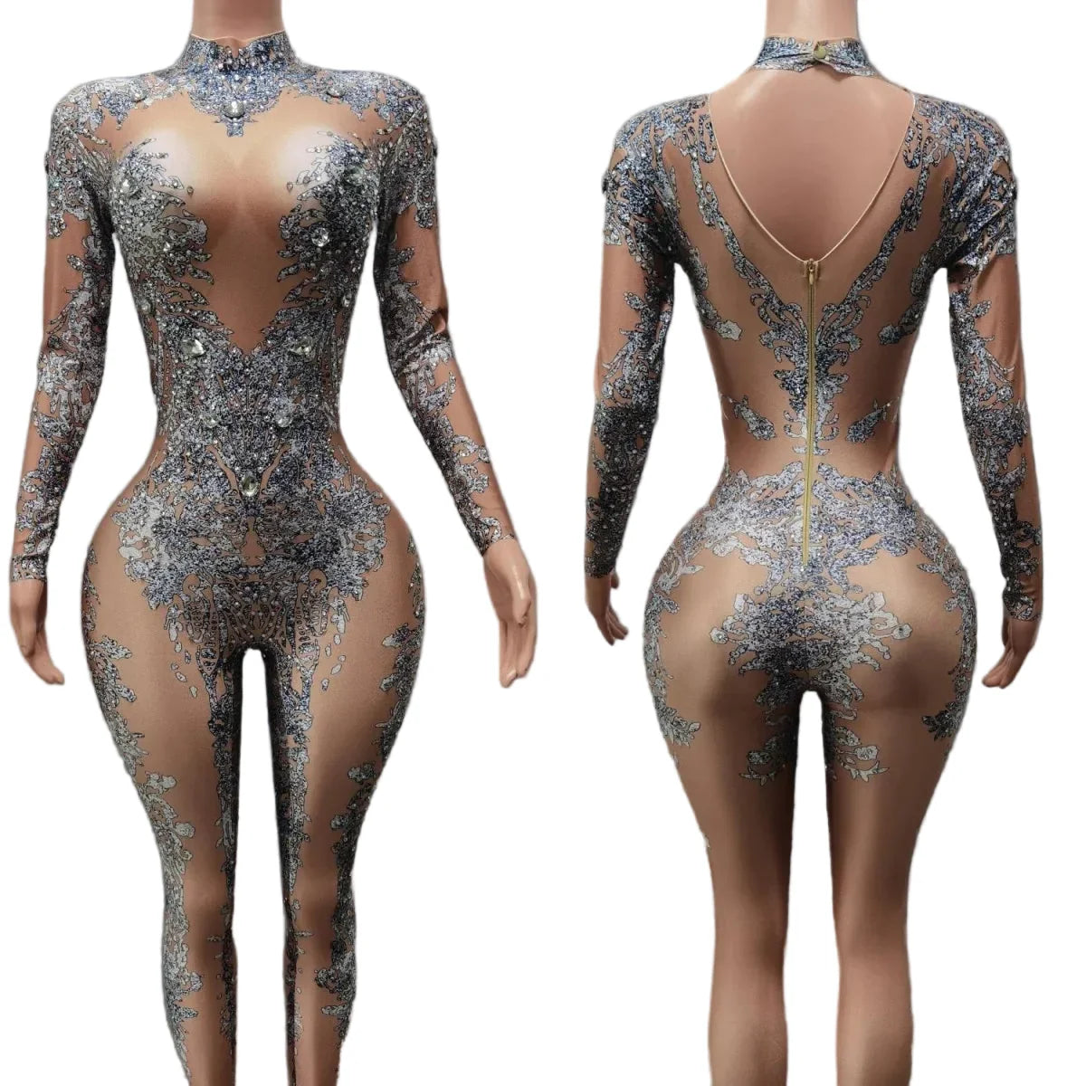 High Neck Crystal Appliqué Illusion Bodysuit | Bodysuit | Wiccan Center