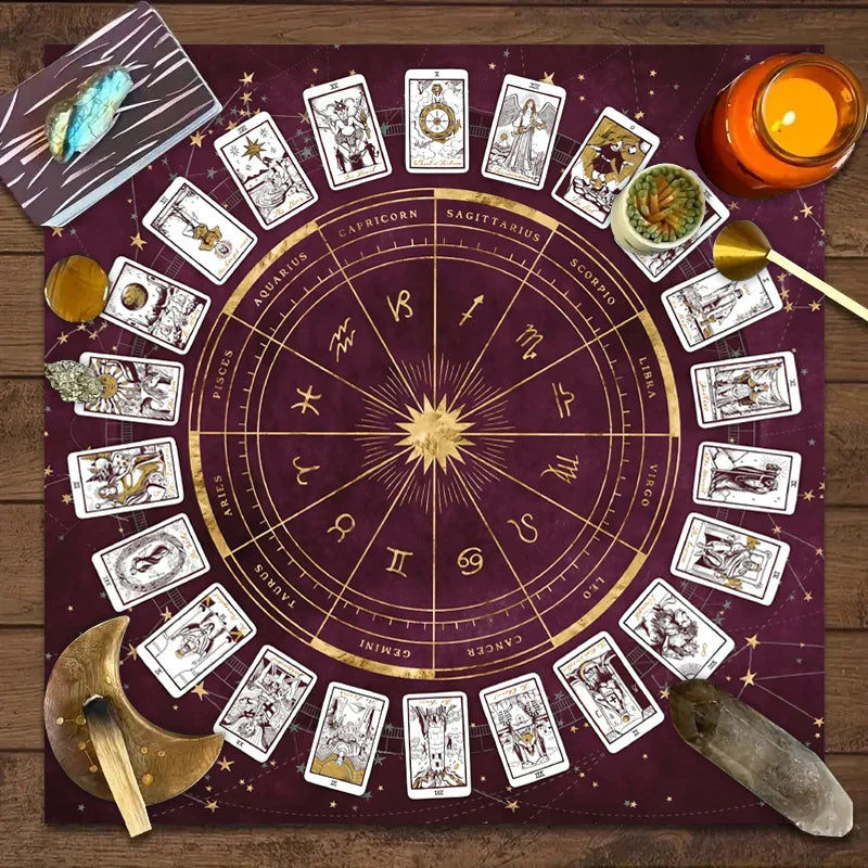 1pc Tarot Card Tablecloth, 12 Zodiac Card Game, Fortune Telling Card Mat, Board Game Cloth Mat, Board Game Decoration Tablecloth
