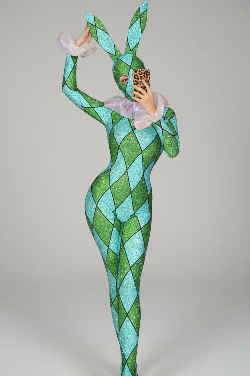 Futuristic Geometric Rhinestone Bunny Bodysuit – Luxury Showgirl Stage Costume & Exotic Festival Leotard with Statement Collar | Bodysuit | Wiccan Center