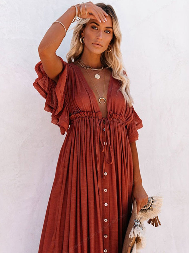 Summer Beach Maxi Dress Women Boho Long Bikini Cover Up High Waist Casual V-Neck Dresses | Dresses | Wiccan Center